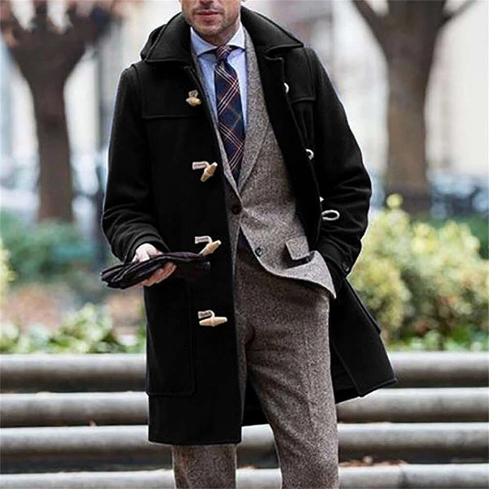 Men s Casual Notched Collar Plaid Single Breasted Wool Blend Formal Trench Coat