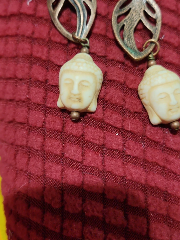 Rustic Bohemian Stone Buddha Face Tribal Gypsy Artisan Drop Earrings  - Image 4 of 4
