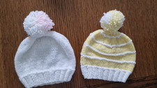 2 x New Hand Knitted Baby Caps with with Bobbles - 0 - 3 months