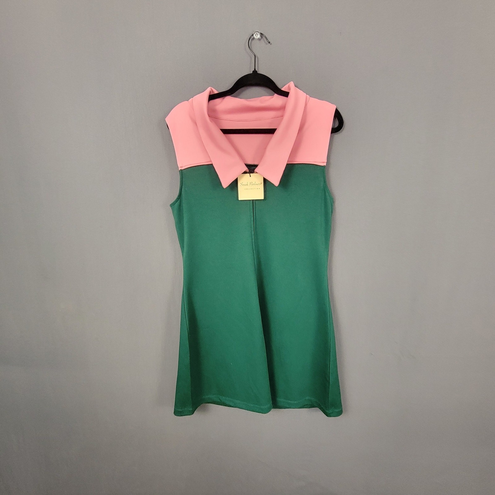 Smak Parlour Women’s Mod Mini Dress L Pink Green Flower Collar Retro NWT