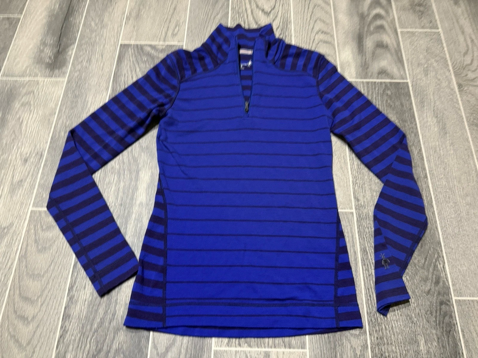 Smartwool Pullover Women Small Blue Purple Merino Wool Stripe 1/4 Zip Base Layer