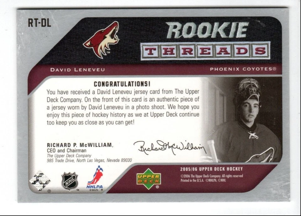 2005-06 Upper Deck Threads David Leneveu Rookie Jersey #RT-DL Phoenix Coyotes - Image 2 of 2
