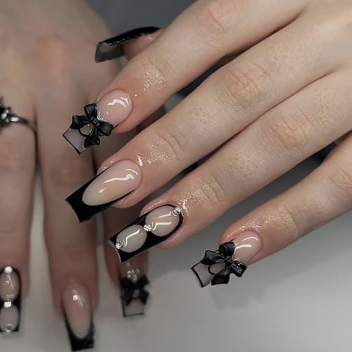 24Pcs Press on Nails Medium Square Fake Nails Classic Black Bow French Tips