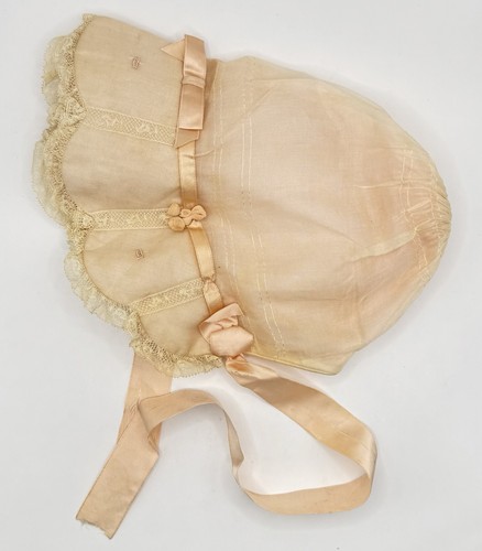 Vintage Peach Baby Bonnet Lace Satin Ribbon Flower Embellished