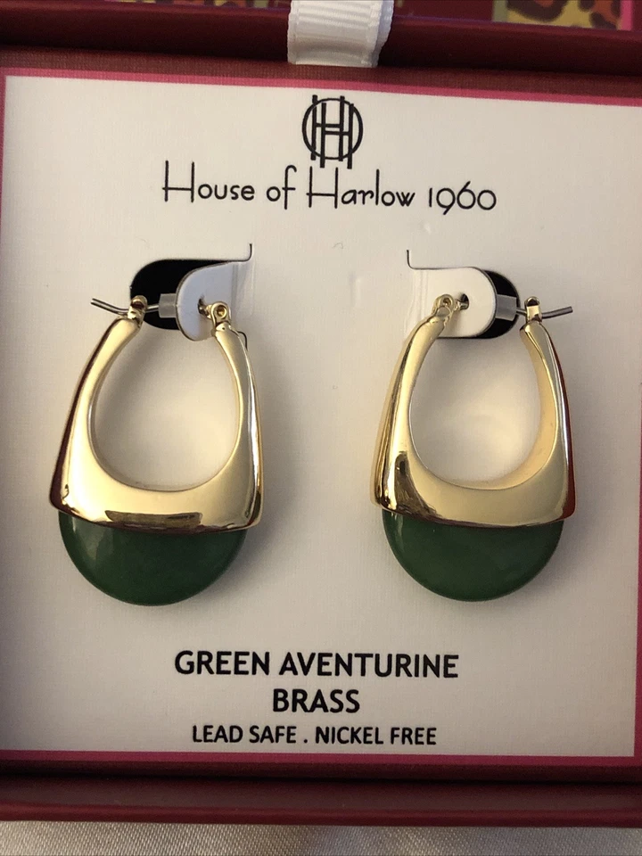 House Of Harlow 金色和抽象椭圆形绿色 Aventurine 耳坠 全新带盒 — 第 3/4 张图片