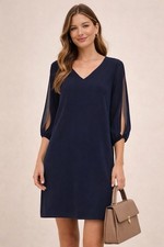 Lulus Navy Shift Dress Womens Small Split Sleeve V Neck Sheath Work