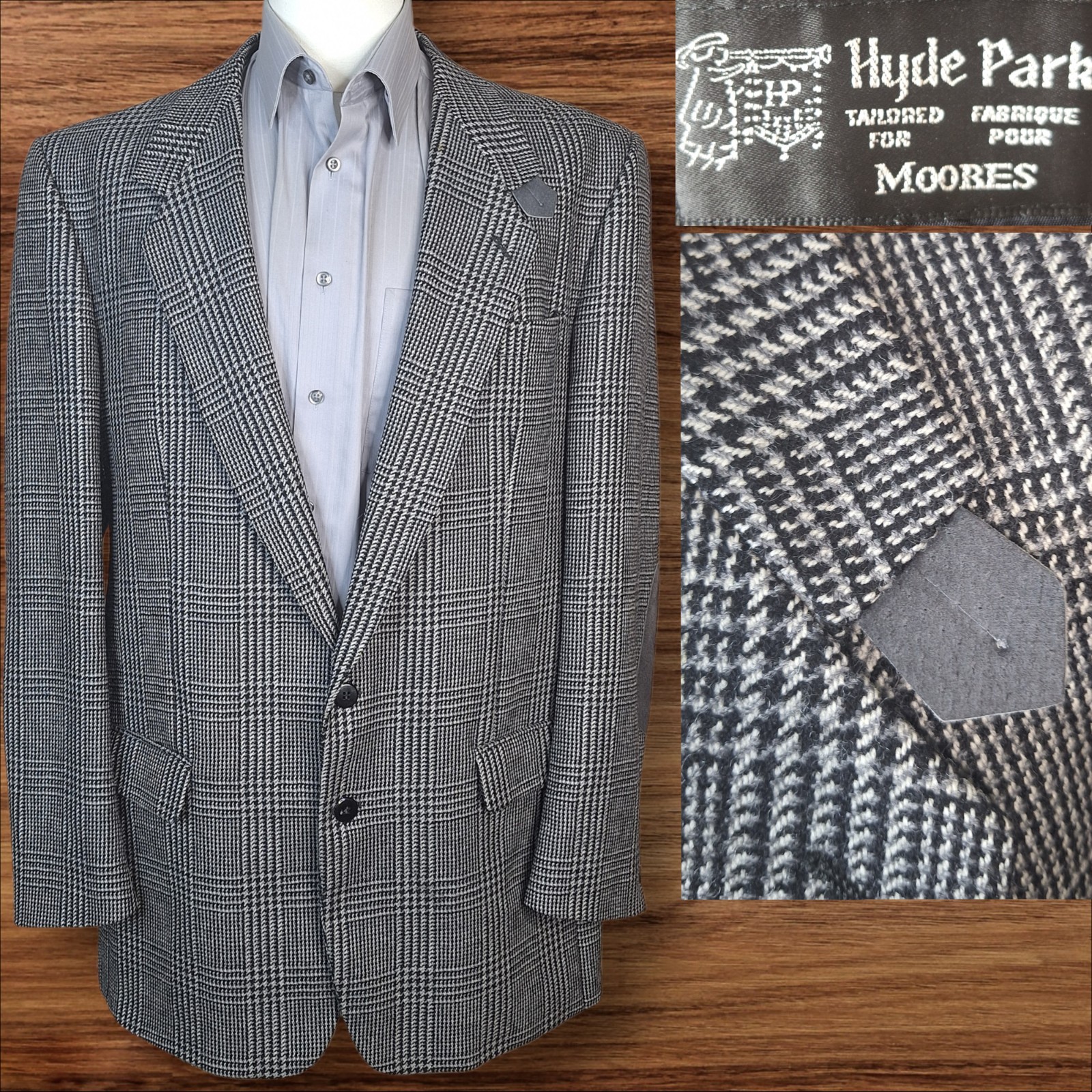 Hyde Park Jacket Blazer Mens 46L Gray Plaid Tweed Elbow Patches Canada Wool