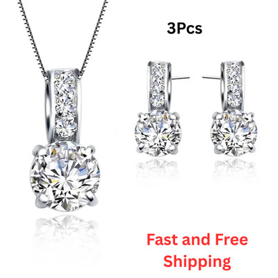 3Pcs-925 Sterling Silver Bridal Jewelry Set CZ Crystal Necklace Earrings Gift