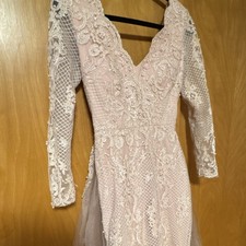 Blush Pink Ivory Lace Long Sleeve Formal Gown with Tulle Skirt Beaded V-Neck