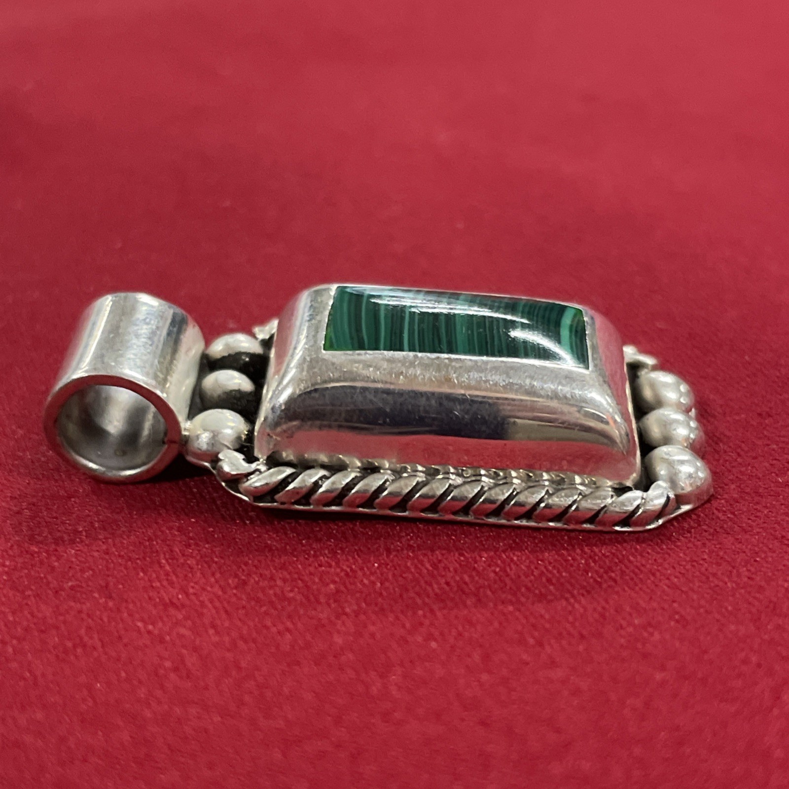 Sterling Silver 925 Rectangular Malachite Stone C… - image 2