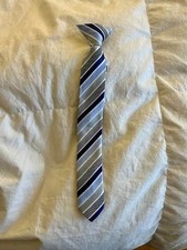 Boys Clip on Tie 11 1/2" Long Blue Grey and White Stripe