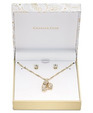 Wrap Pendant Necklace  Stud Earrings Set 17"  3" Gold-Tone Triple-Stone