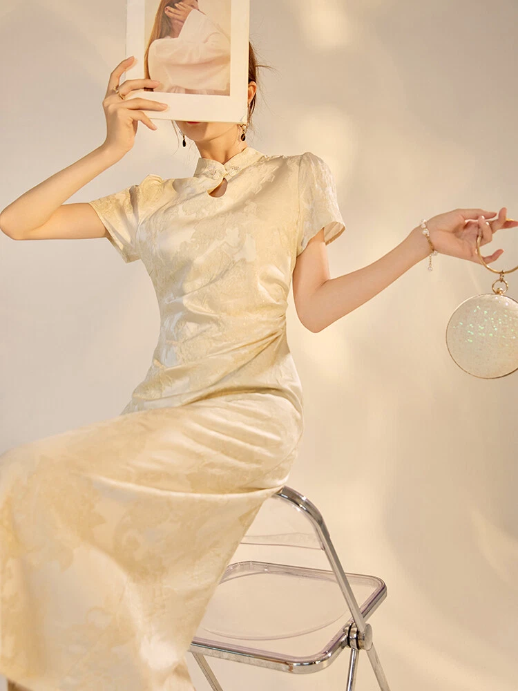 OFF WHITE Gonna lunga stile cinese seta Cheongsam donna ricamo stand colletto abiti