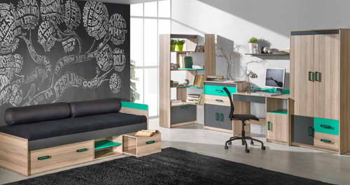 Ensemble lit enfant EMERY avec chevet + armoire + commode 2 étagères