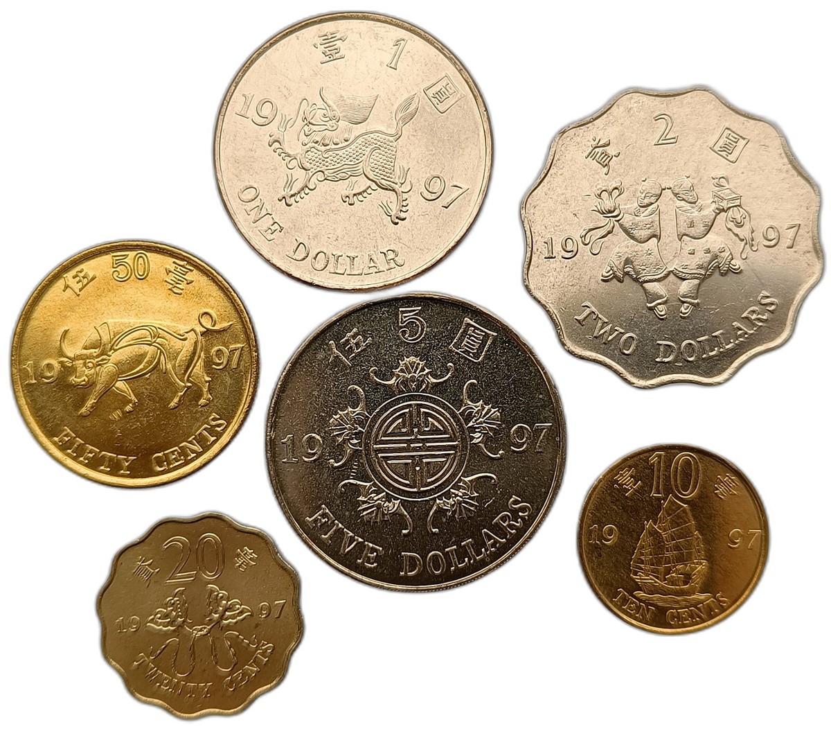 HONG KONG 6 COIN SET 10 CENTS -5 DOLLARS 1997 COMMEMORATIVE SHIP