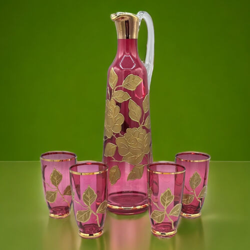 Vtg Mid Century Pink Ruby Glass Decanter With 4 Glasses Cups Applied Gold Roses - Picture 2 of 18