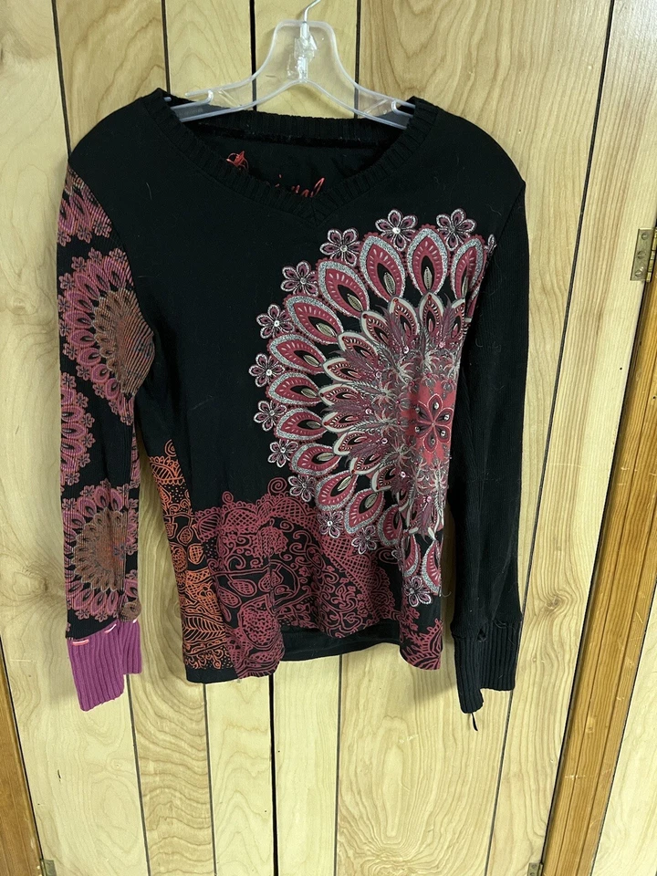 Camisa estampada manga larga negra y rosa Desigual talla mediana Foto 4 de 4