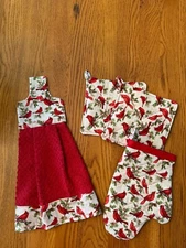"CARDINALS" dish towel on a holder with 2 pot holders &  1 oven mitt (4pc set )