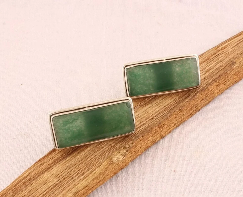 Gemelos de plata de ley 925 con piedras preciosas de jade verde para regalo especial para hombre Foto 3 de 4