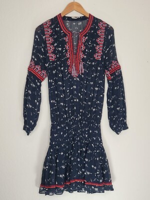 Ulla Johnson Gita 100% Silk Mini Dress Smocked Drop Waist Midnight Size 0  Womens