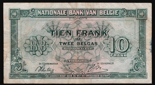 Belgium 10 francs 1943.02.01. Bank Monogram P122 Prefix R1 aF - Picture 3 of 8
