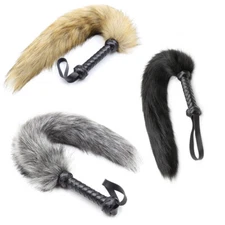 Animal Tail Dog Cat Faux Fur Leather Handle check Couple Game Flogger Whip