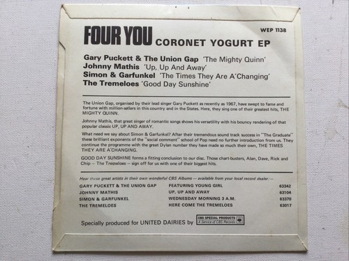 Four You: Coronet Yogurt 4 Track EP United Dairies 7” Vinyl Single: Free UK Post - Picture 3 of 5
