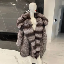 Luxury Women Full Skin Genuine Silver Fox Fur Overcoat Big Lapel Winter Fur Coat