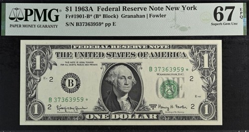 1963A $1 Federal Reserve Note PMG 67EPQ complete star district set Fr 1901-I* - Picture 4 of 24