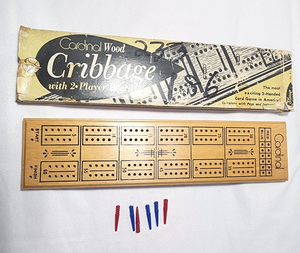 Vintage Cardinal Wood Cribbage Game 2 Player Board with 6 Pegs Box Wooden Board - Image 3 of 4