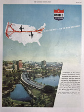 1945 United Airlines Main Line Airway Los Angeles Downtown Vintage Print Ad