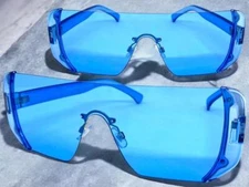 Oversized Exaggerated Retro Modern Shield Style SUNGLASSES Large Flat Blue Lens