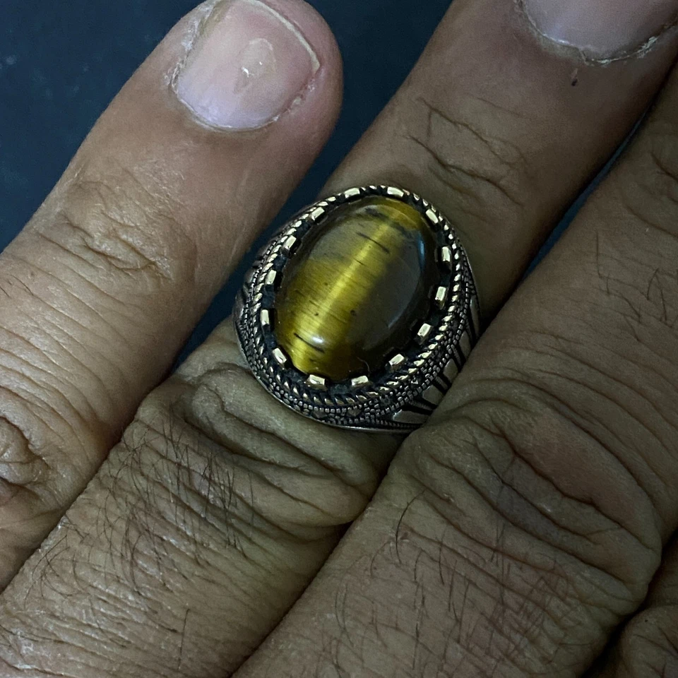 925 Sterling Silver Men's Ring Natural Tiger Eye Stone Handmade Islamic Jewelry - Image 3 of 4