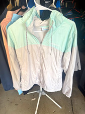 Columbia Women's Hooded FleeceLined Full Zip Windbreaker Jacket Size M Mint/Gray