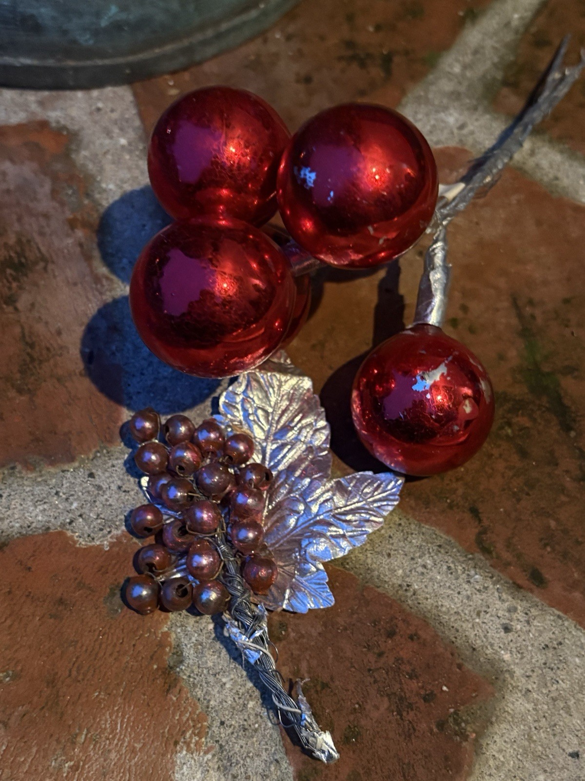 Vtg Mercury Glass Christmas Corsage Grape Cluster Foil & Red Floral Picks Japan
