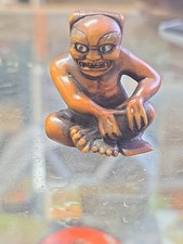 Antique Japanese NETSUKE Oni (demon)  -signed -Glass Eyes-rare from Japan