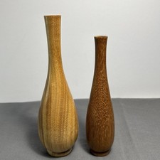 MCM Hand Turned Pair of Wood Bud Vases Signed