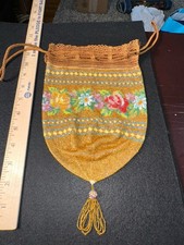 Antique Micro Beaded Purse 1800s Floral Reticule Purse