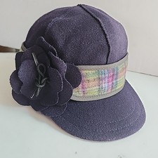Stormy Kromer Hat Womens Purple Wool Derby USA Made 3D Flower Plaid Strap 6-7/8"