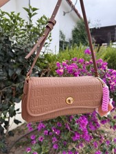 Steve Madden Brown Embossed Logo Baguette Shoulder Bag Gold Hardware Charm Card