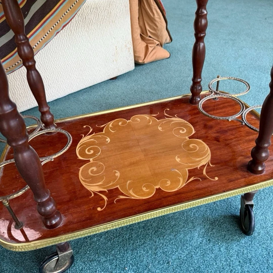 Vintage Italian Marquetry & Brass Drop Leaf Tea/Bar Cart - Image 2 of 4
