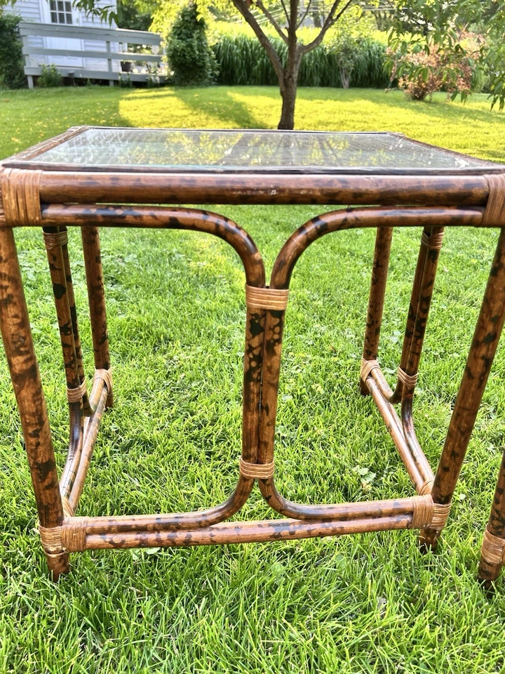 Juego de 3 mesas anidadoras vintage de bambú tigre de mediados de siglo modernas MCM Foto 4 de 4