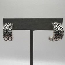 Pierced Earrings Half Hoops Silver Tone Flower Black Accent Enamel