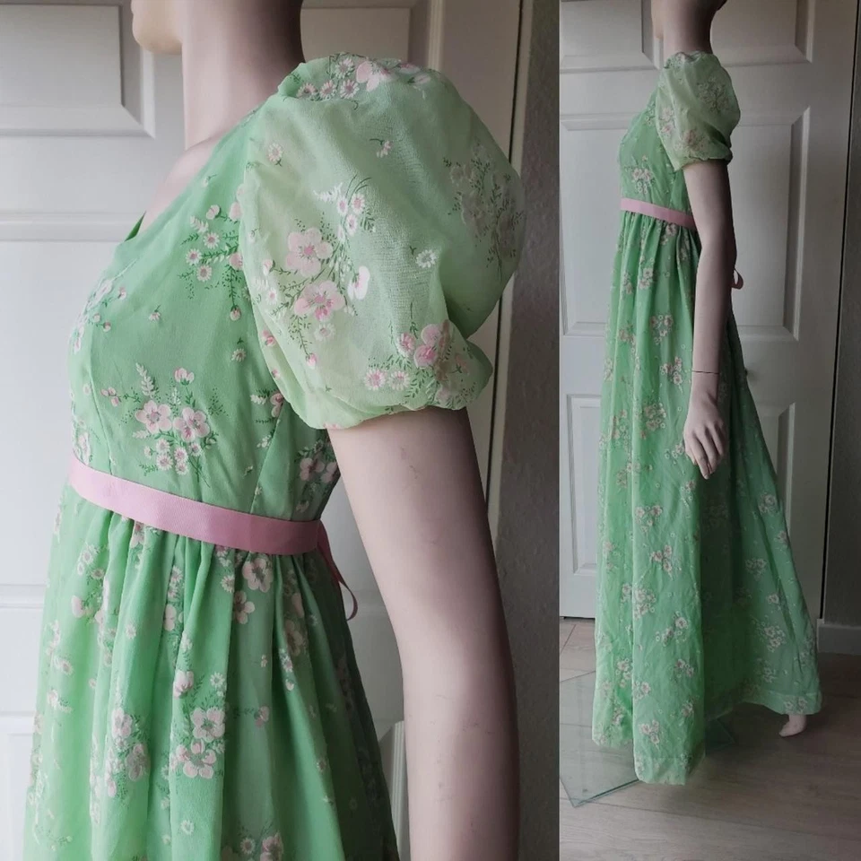 Maxi Vestido Vinatge Años 60 Hecho a Mano Verde Floral Línea A Manga Abullonada Foto 2 de 4