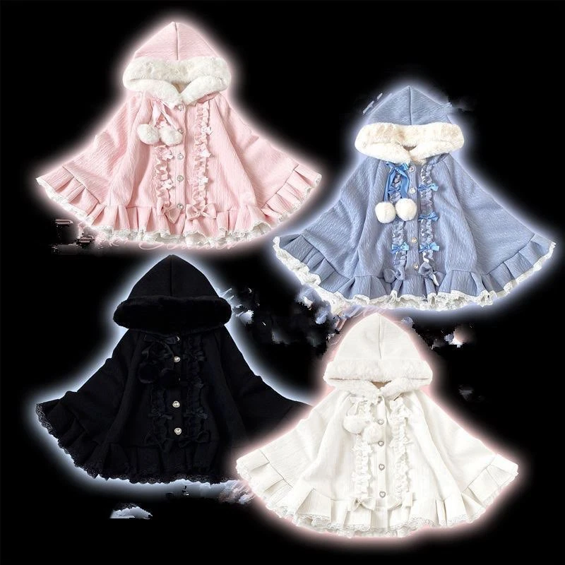 Sweet Winter Warm Lolita Mori Girls Loose Cloak Cape Coats Hooded Jackets Cute - Image 2 of 4
