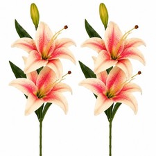 Real Touch Pink Stargazer Lily Stems Set of 2, Artificial Lily Flowers, Faux Wed