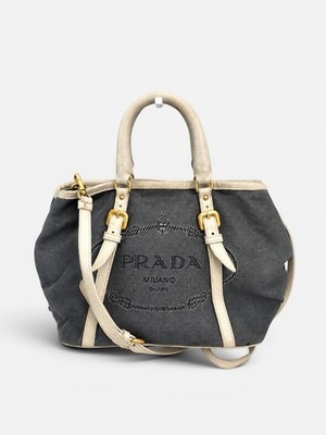 Prada Milano Logo Canvas Tote Bag Gray Canvas Ivory Leather Shoulder Bag