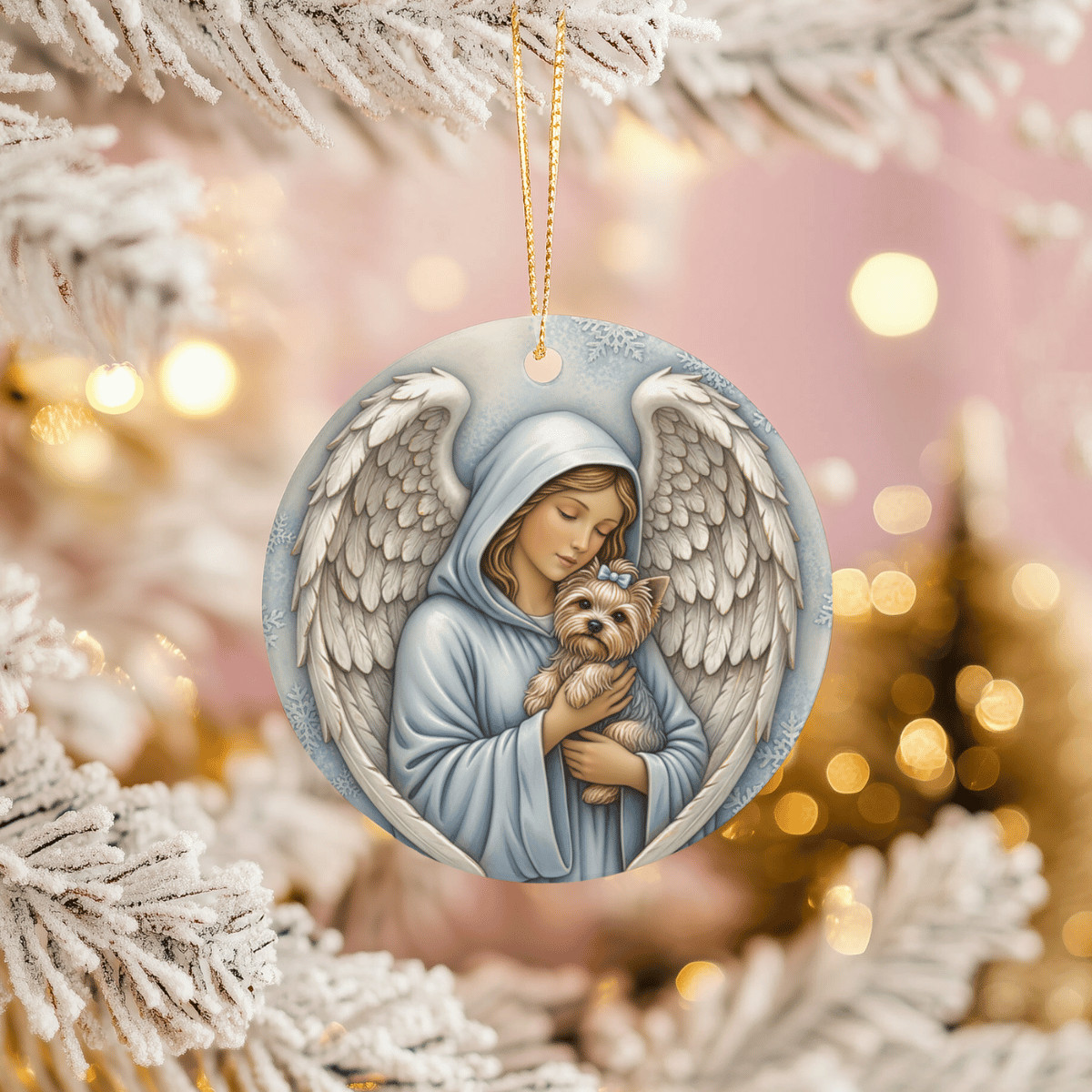 Winter Angel with Yorkie Ornament Pet Memorial Snowflake Guardian Gift