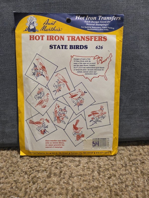 Aunt Martha's Iron-On Hot Iron Transfers Animals & Insects State Birds MPN 626