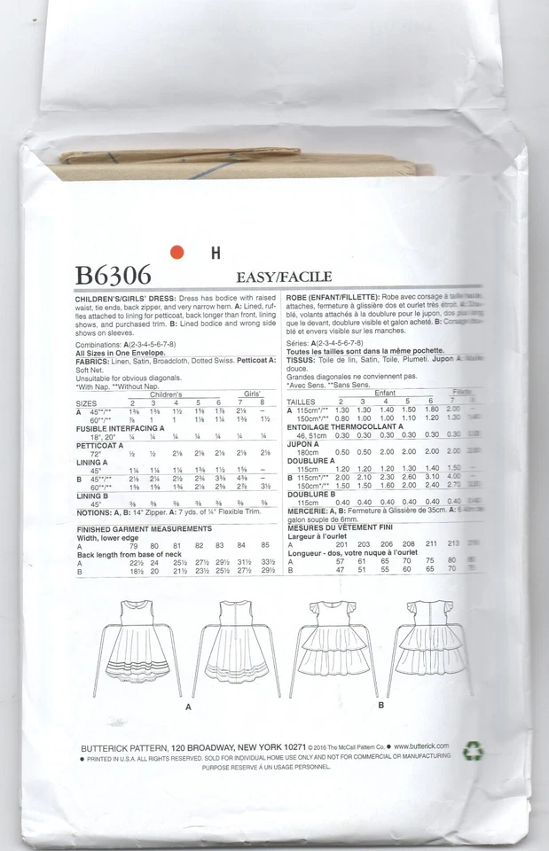 NEW BUTTERICK SEWING PATTERN B6306 CHILDRENS DRESSES SZ 2 THROUGH 8 - Image 2 of 3